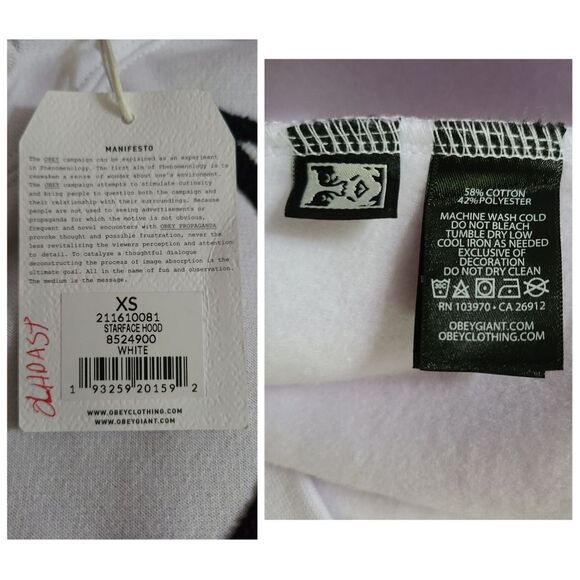 NWT|OBEY Starface White Pullover Drawstring Hoodie, XS - Picture 9 of 9